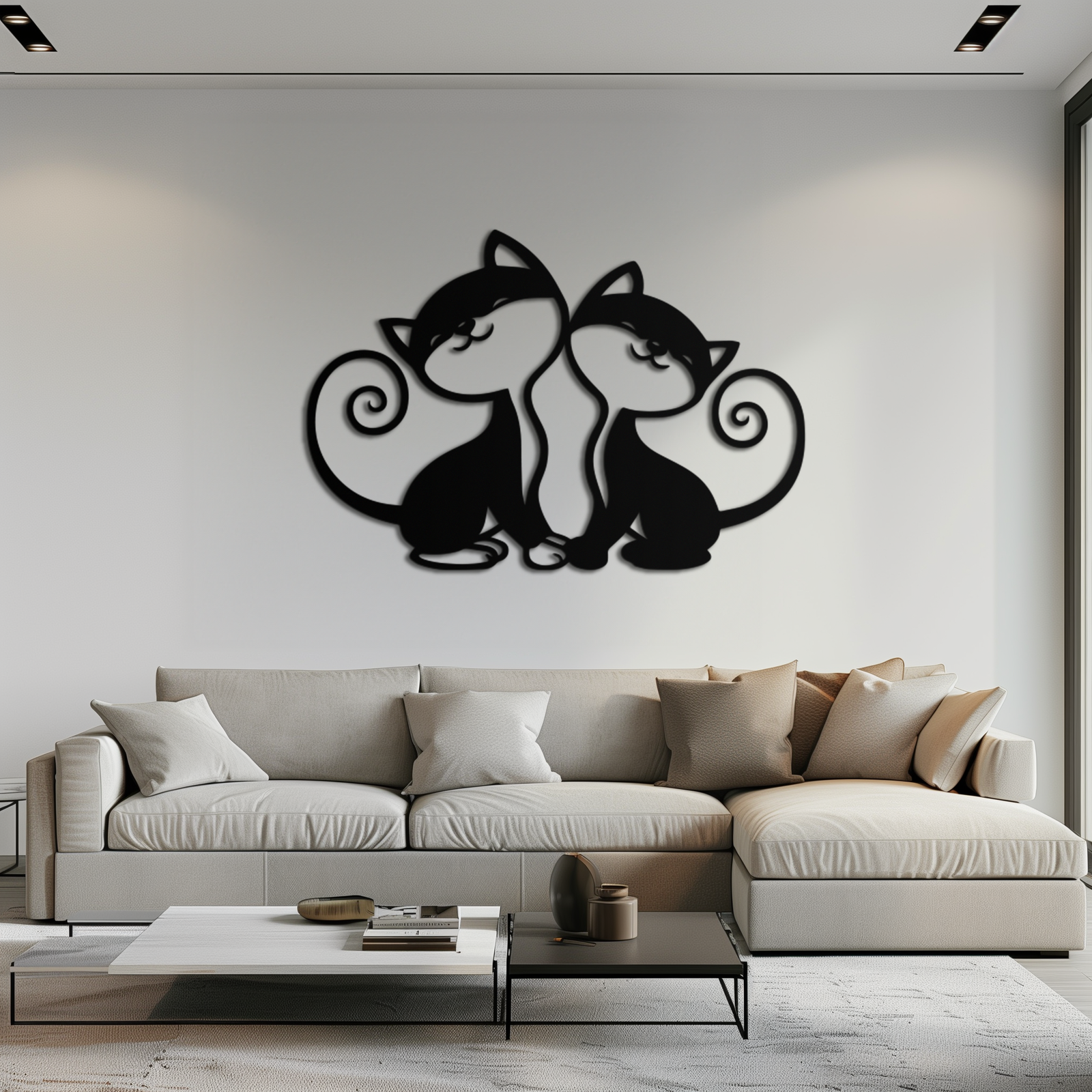 Romantic Cat Couple Metal Wall Art - Elegant Feline Silhouette Decor - KAF209