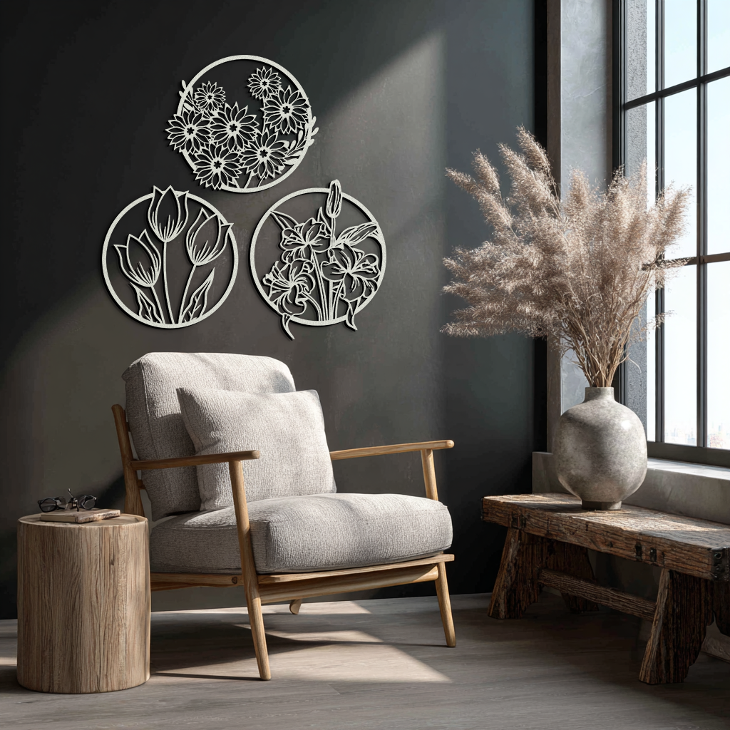 Floral Harmony Metal Wall Art - Set of Three Elegant Botanical Designs - KAF223