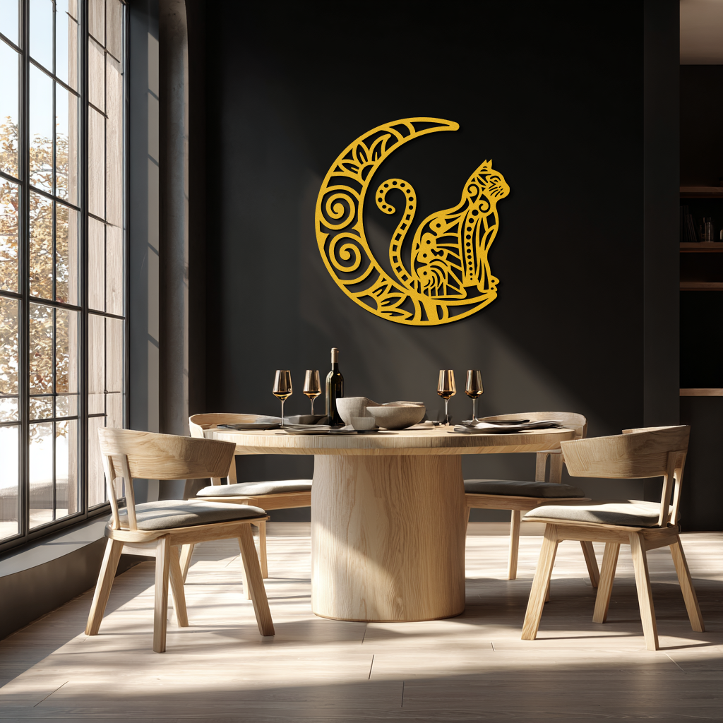 Moon & Cat Metal Wall Art – Mystical Feline Decor - KAF266