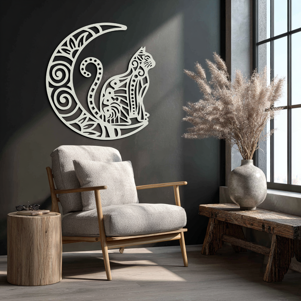 Moon & Cat Metal Wall Art – Mystical Feline Decor - KAF266