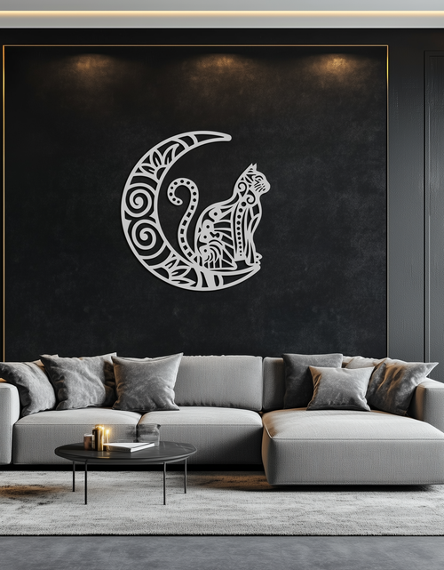 Load image into Gallery viewer, Moon & Cat Metal Wall Art – Mystical Feline Decor - KAF266