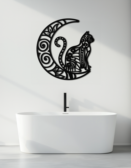 Load image into Gallery viewer, Moon & Cat Metal Wall Art – Mystical Feline Decor - KAF266