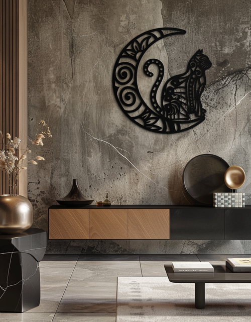 Load image into Gallery viewer, Moon & Cat Metal Wall Art – Mystical Feline Decor - KAF266