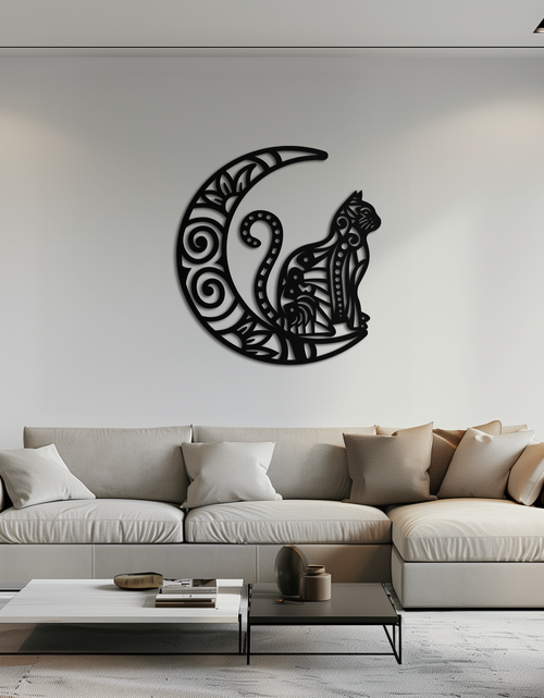 Load image into Gallery viewer, Moon & Cat Metal Wall Art – Mystical Feline Decor - KAF266