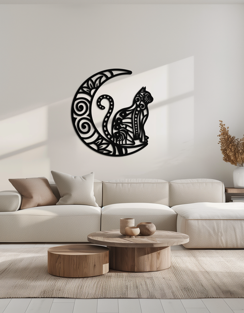Load image into Gallery viewer, Moon & Cat Metal Wall Art – Mystical Feline Decor - KAF266