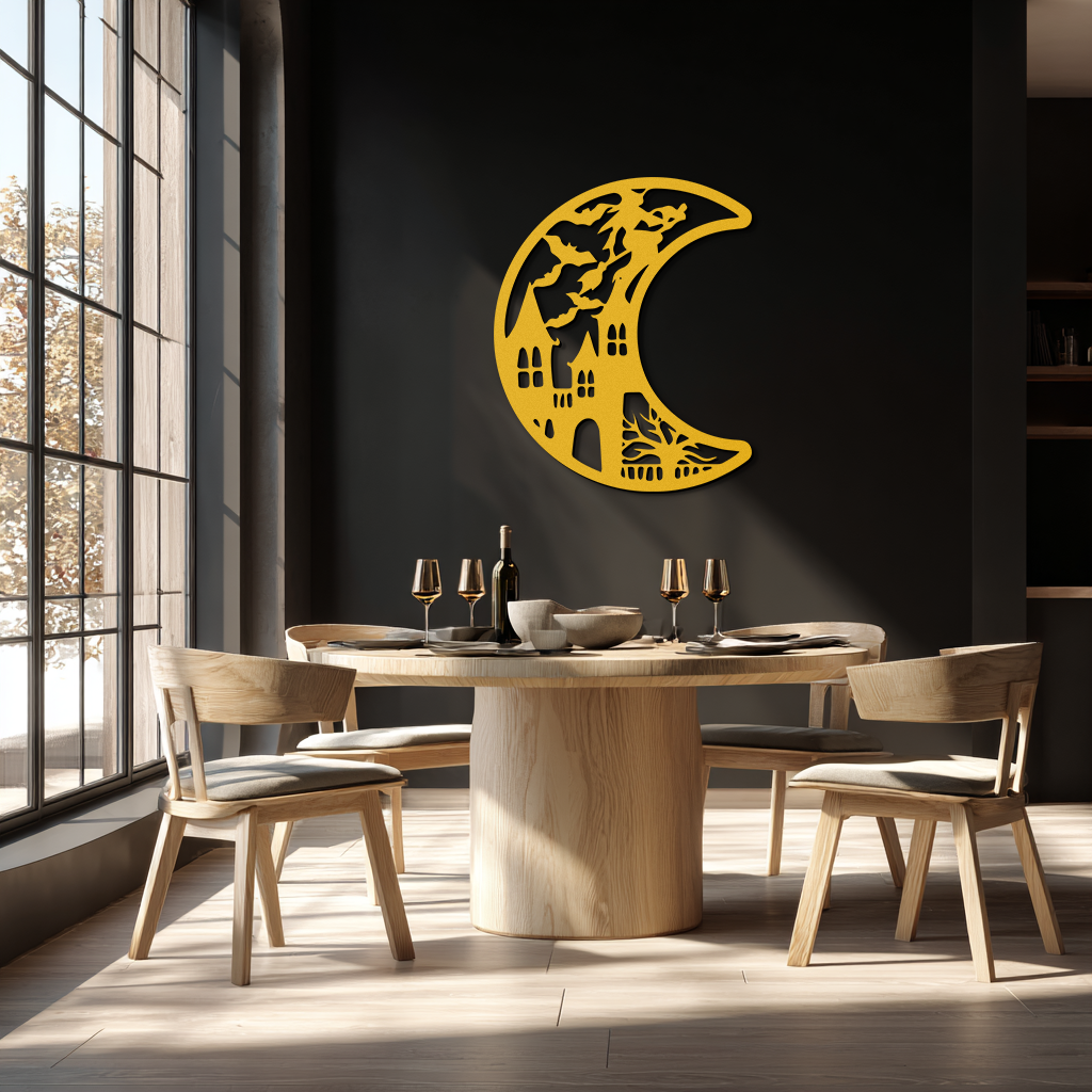 Haunted Moon Halloween Metal Wall Art - Witch & Castle Silhouette - KAF274