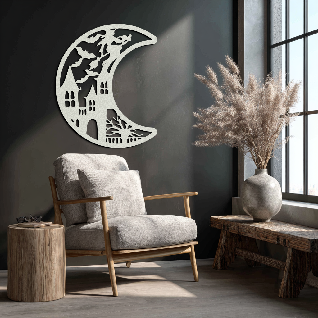 Haunted Moon Halloween Metal Wall Art - Witch & Castle Silhouette - KAF274
