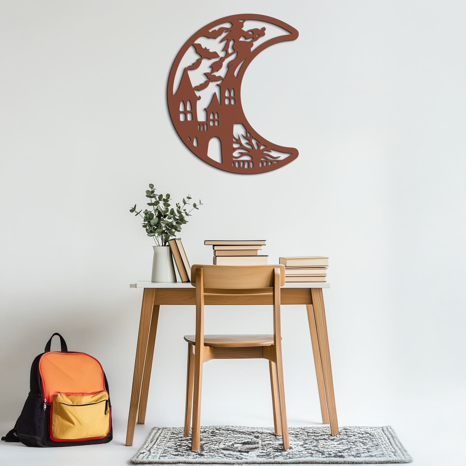 Haunted Moon Halloween Metal Wall Art - Witch & Castle Silhouette - KAF274