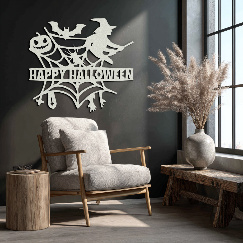 Happy Halloween Metal Wall Art - Witch & Web Design- KAF280