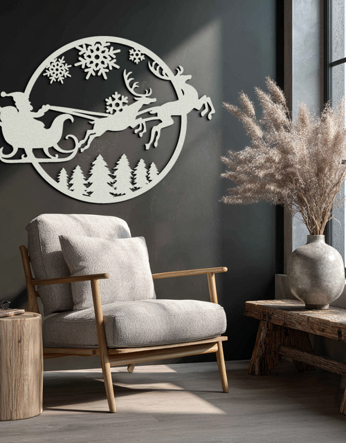 Load image into Gallery viewer, Santa Sleigh Metal Wall Art - Christmas Reindeer & Snowflake Decor- KAF287