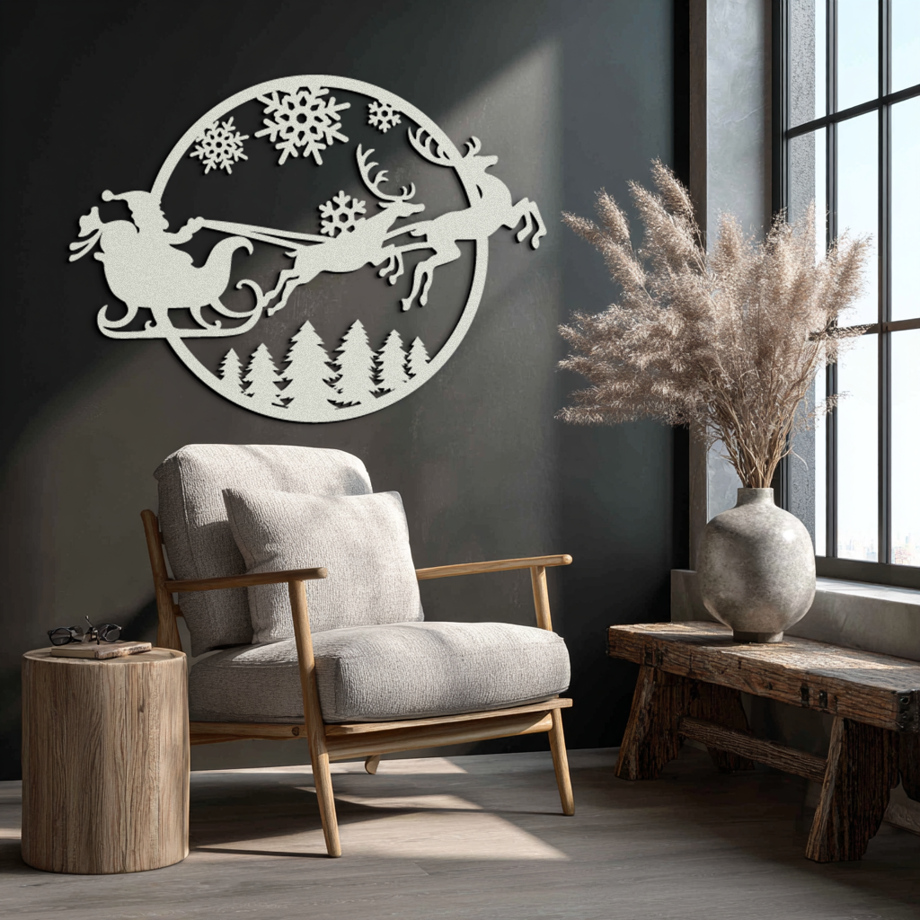 Santa Sleigh Metal Wall Art - Christmas Reindeer & Snowflake Decor- KAF287