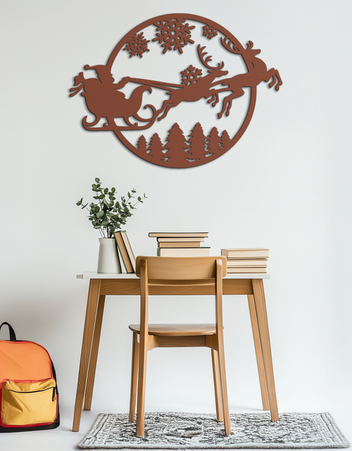 Load image into Gallery viewer, Santa Sleigh Metal Wall Art - Christmas Reindeer & Snowflake Decor- KAF287