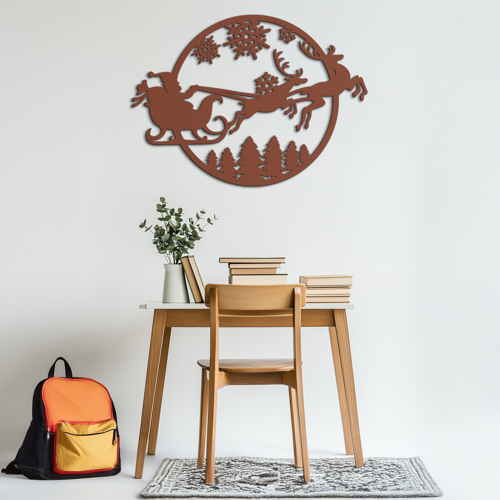 Santa Sleigh Metal Wall Art - Christmas Reindeer & Snowflake Decor- KAF287
