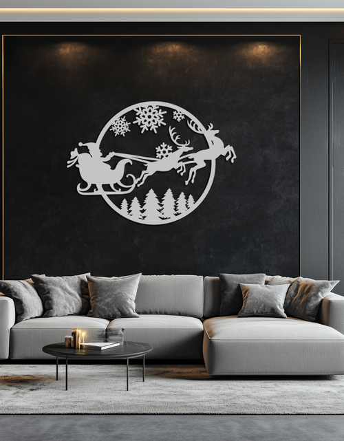 Load image into Gallery viewer, Santa Sleigh Metal Wall Art - Christmas Reindeer & Snowflake Decor- KAF287