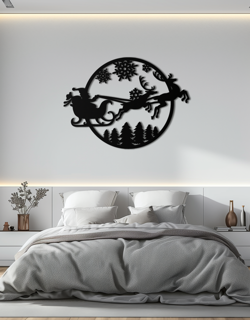 Load image into Gallery viewer, Santa Sleigh Metal Wall Art - Christmas Reindeer & Snowflake Decor- KAF287