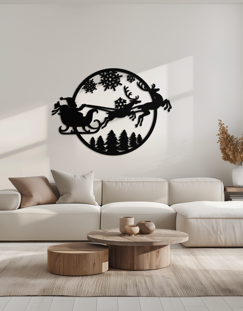 Load image into Gallery viewer, Santa Sleigh Metal Wall Art - Christmas Reindeer & Snowflake Decor- KAF287