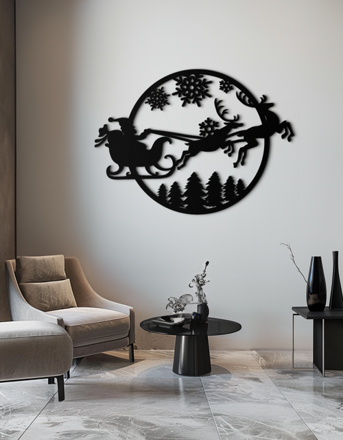 Load image into Gallery viewer, Santa Sleigh Metal Wall Art - Christmas Reindeer & Snowflake Decor- KAF287