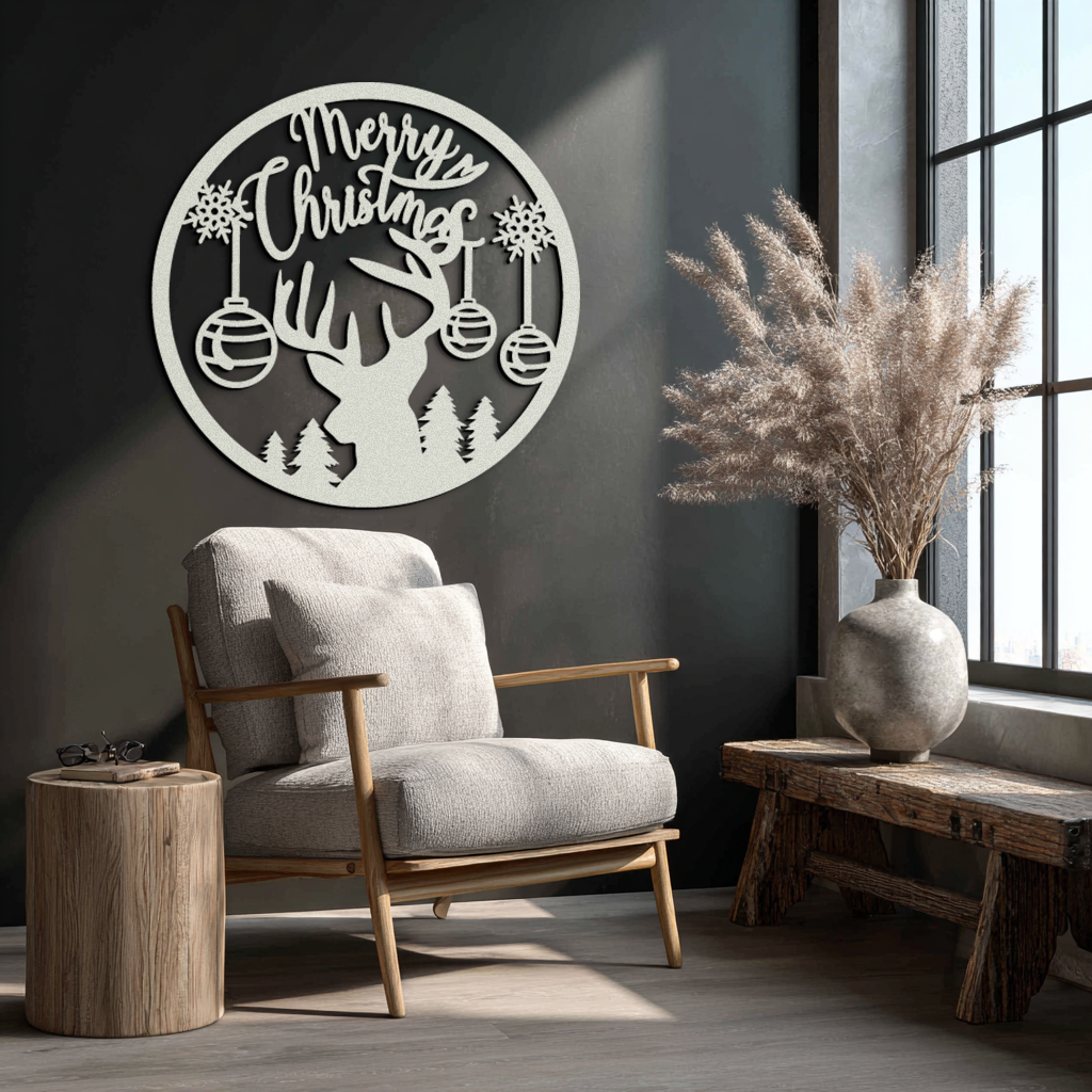 Merry Christmas Metal Wall Art - Festive Reindeer Silhouette Decor- KAF288