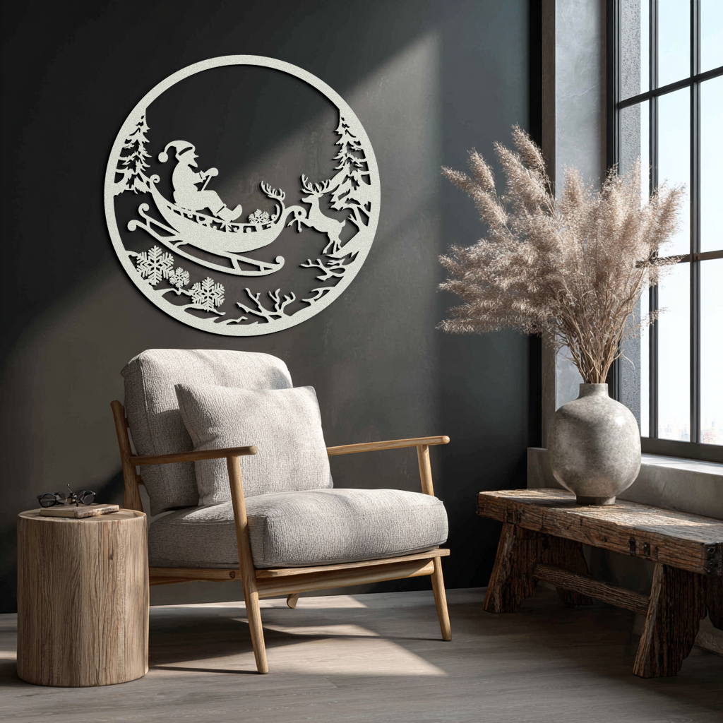 Santa Sleigh Metal Wall Art - Christmas Reindeer & Santa Decor- KAF289