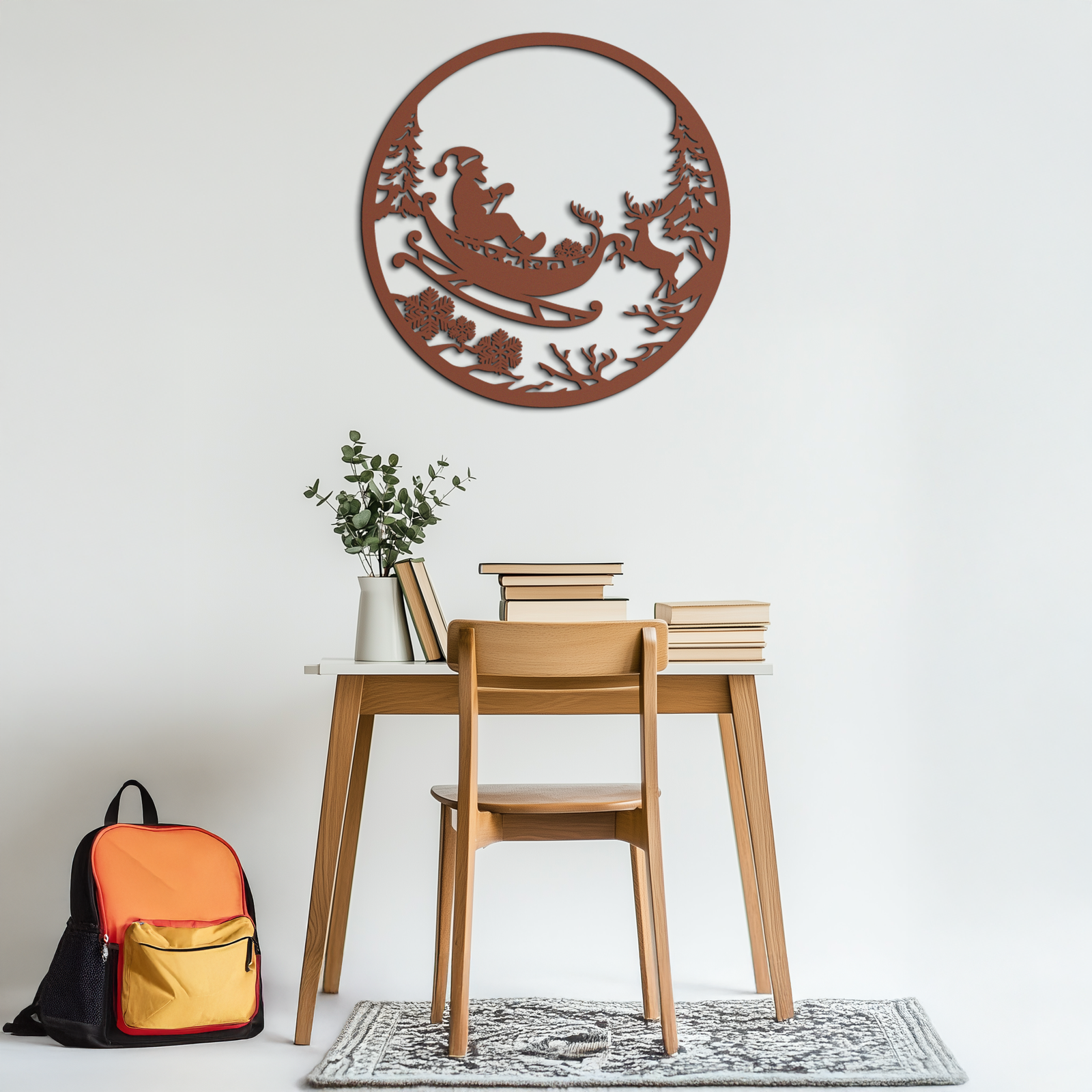 Santa Sleigh Metal Wall Art - Christmas Reindeer & Santa Decor- KAF289
