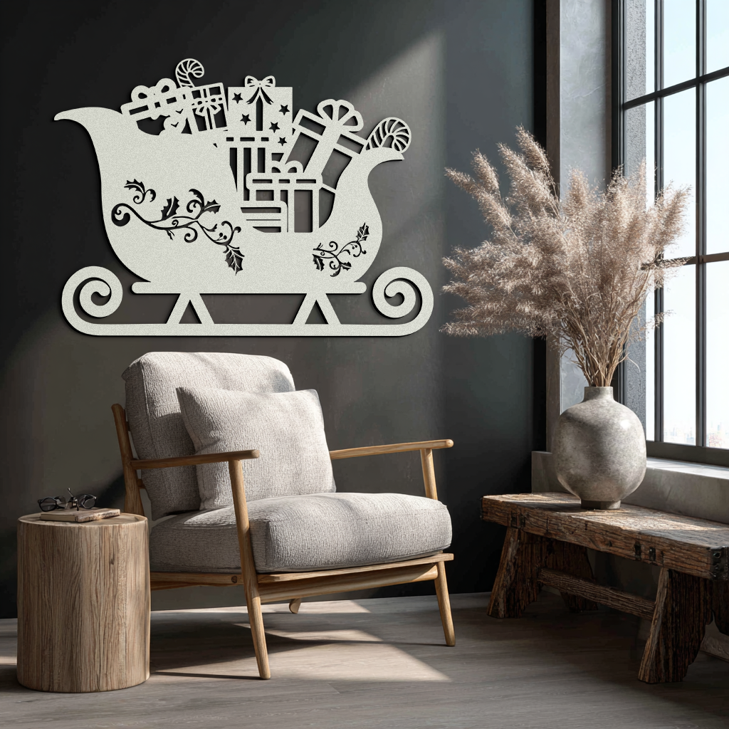 Christmas Sleigh Metal Wall Art - Festive Holiday Decor- KAF292