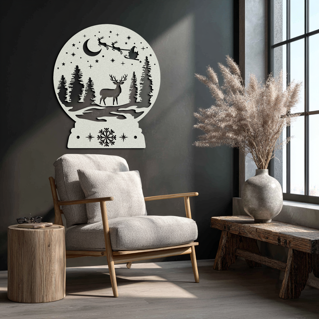 Winter Deer Snow Globe Metal Wall Art - Holiday Forest Scene Decor- KAF302