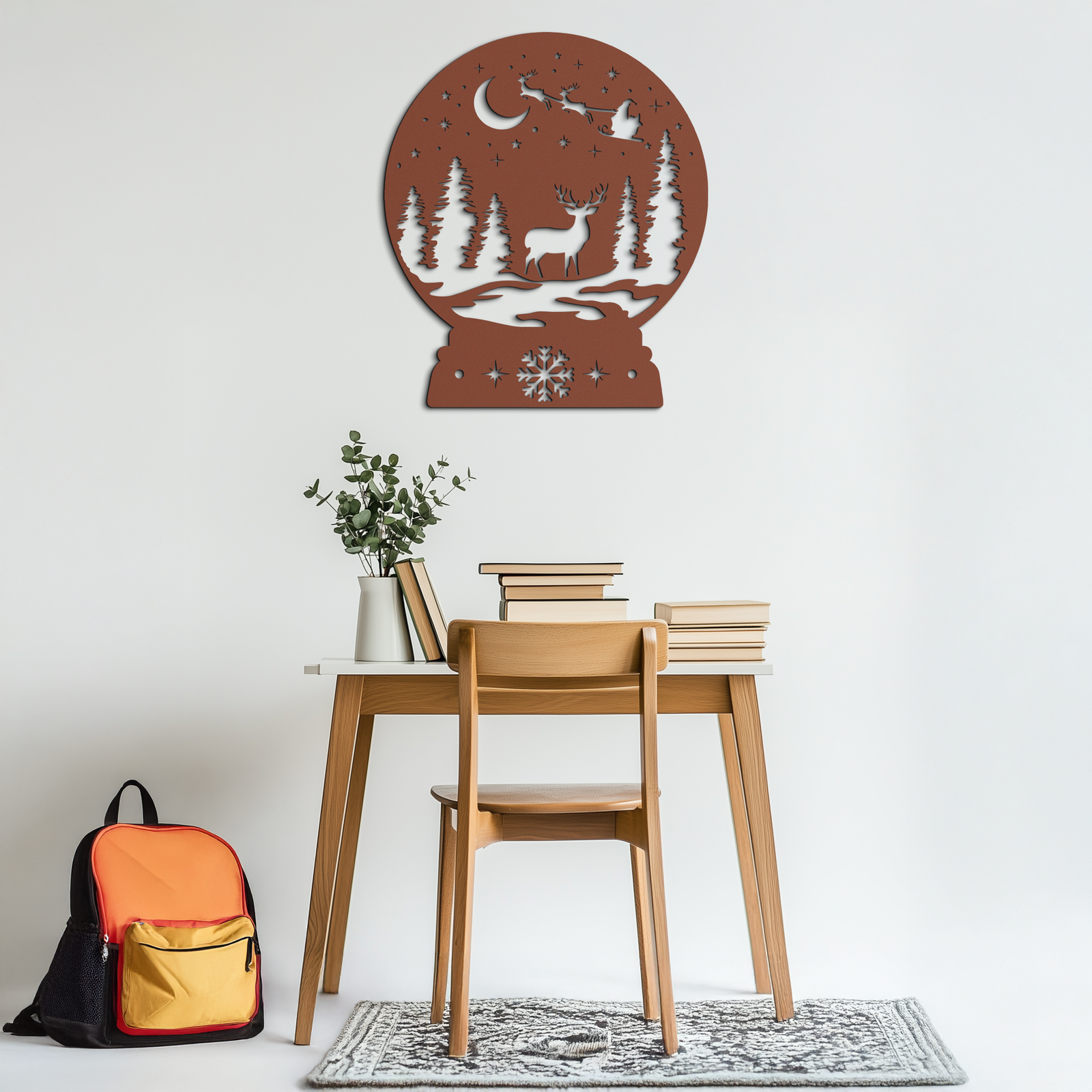 Winter Deer Snow Globe Metal Wall Art - Holiday Forest Scene Decor- KAF302