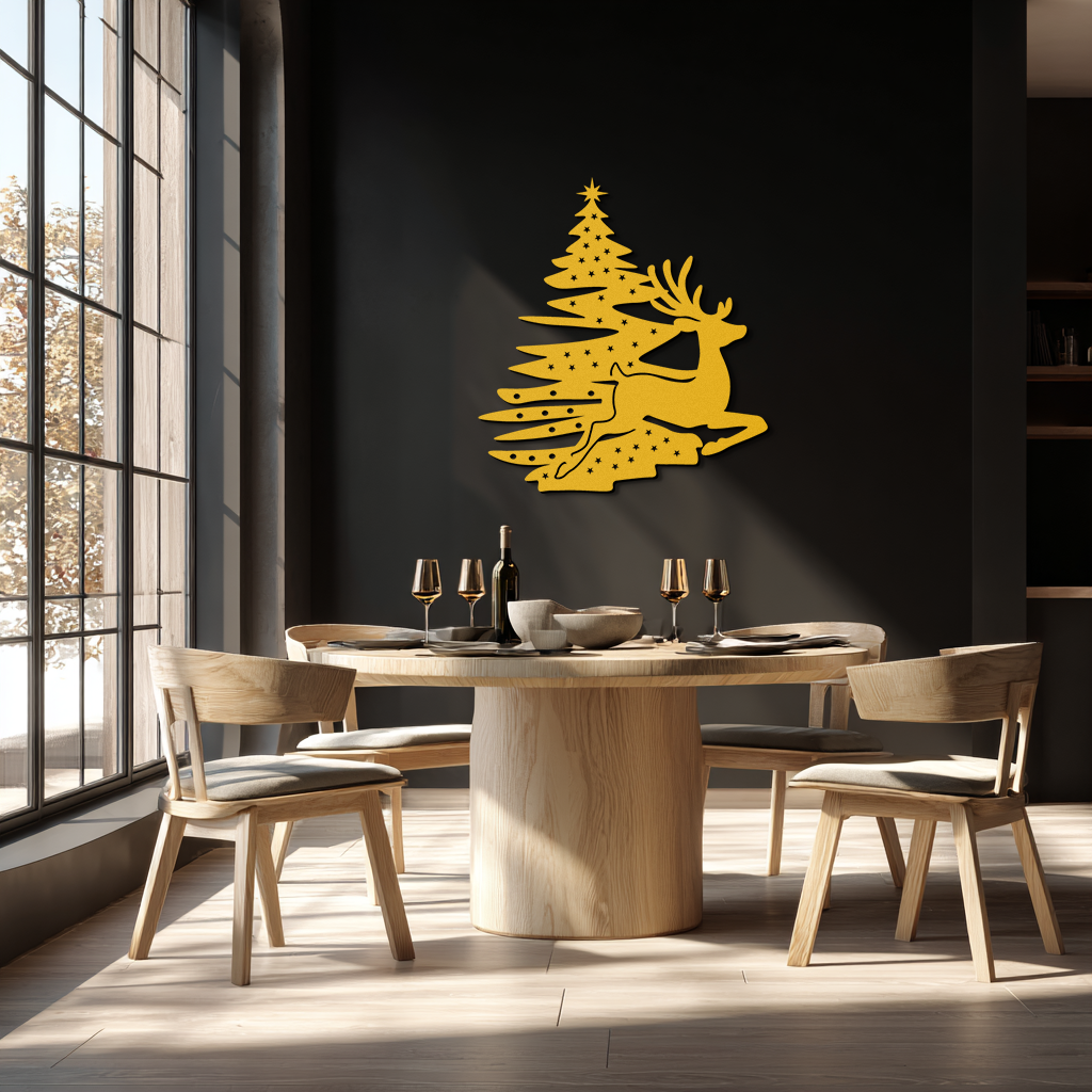 Reindeer and Christmas Tree Metal Wall Art - Festive Holiday Steel Decor- KAF304