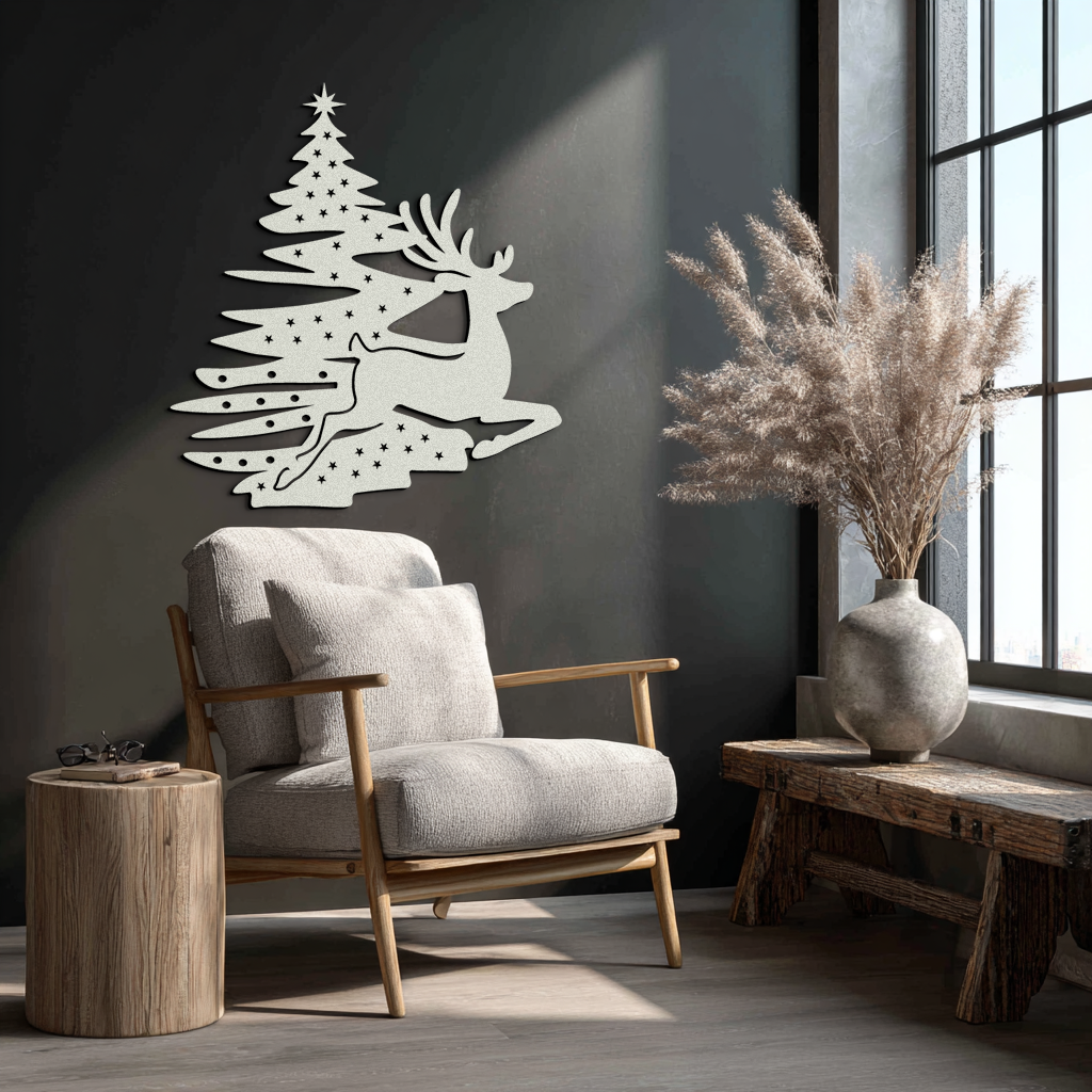 Reindeer and Christmas Tree Metal Wall Art - Festive Holiday Steel Decor- KAF304