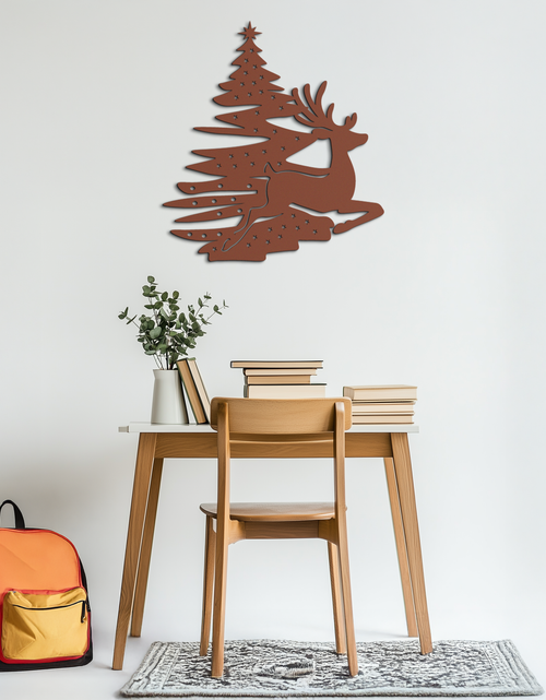 Load image into Gallery viewer, Reindeer and Christmas Tree Metal Wall Art - Festive Holiday Steel Decor- KAF304