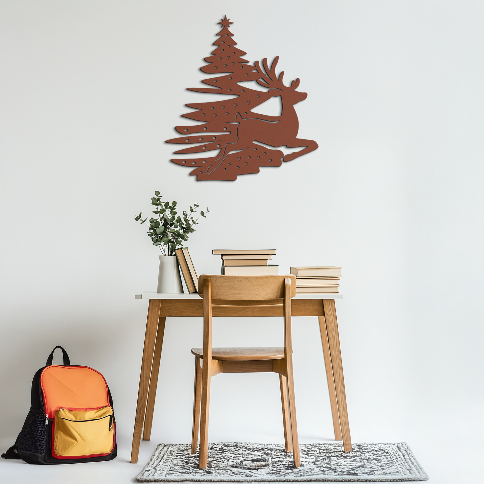Reindeer and Christmas Tree Metal Wall Art - Festive Holiday Steel Decor- KAF304