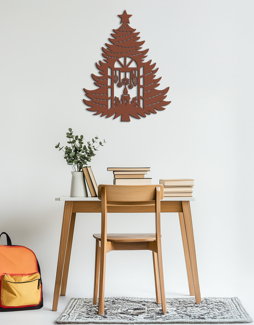 Load image into Gallery viewer, Christmas Tree Candle Window Silhouette - Festive Metal Wall Art- KAF309