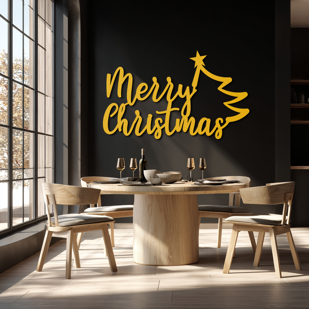 Merry Christmas Tree Metal Wall Art - Holiday Season Script Steel Decor- KAF316