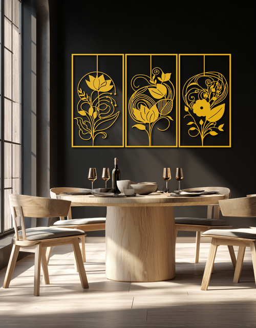 Load image into Gallery viewer, Floral Panel Trio Metal Wall Art - Elegant Black Botanical Wall Decor Set- KAF317