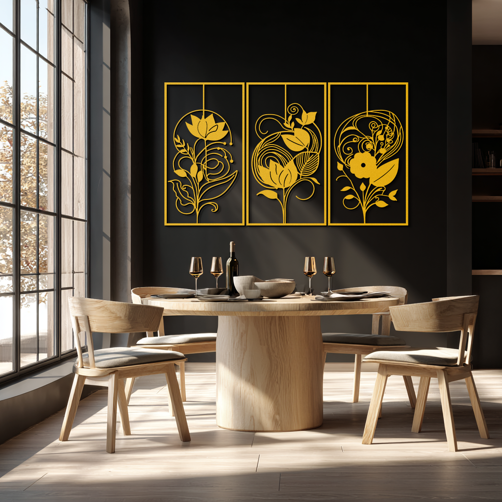 Floral Panel Trio Metal Wall Art - Elegant Black Botanical Wall Decor Set- KAF317