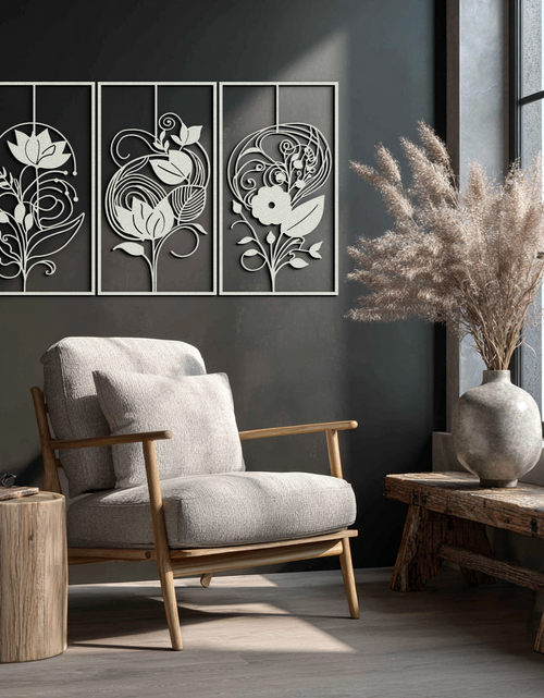 Load image into Gallery viewer, Floral Panel Trio Metal Wall Art - Elegant Black Botanical Wall Decor Set- KAF317