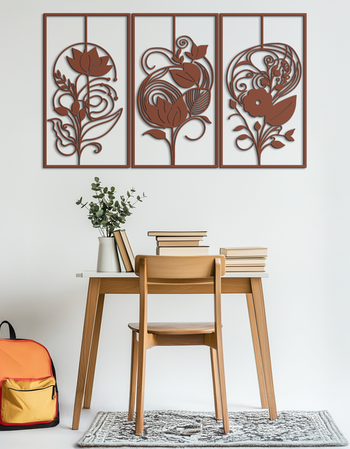 Load image into Gallery viewer, Floral Panel Trio Metal Wall Art - Elegant Black Botanical Wall Decor Set- KAF317