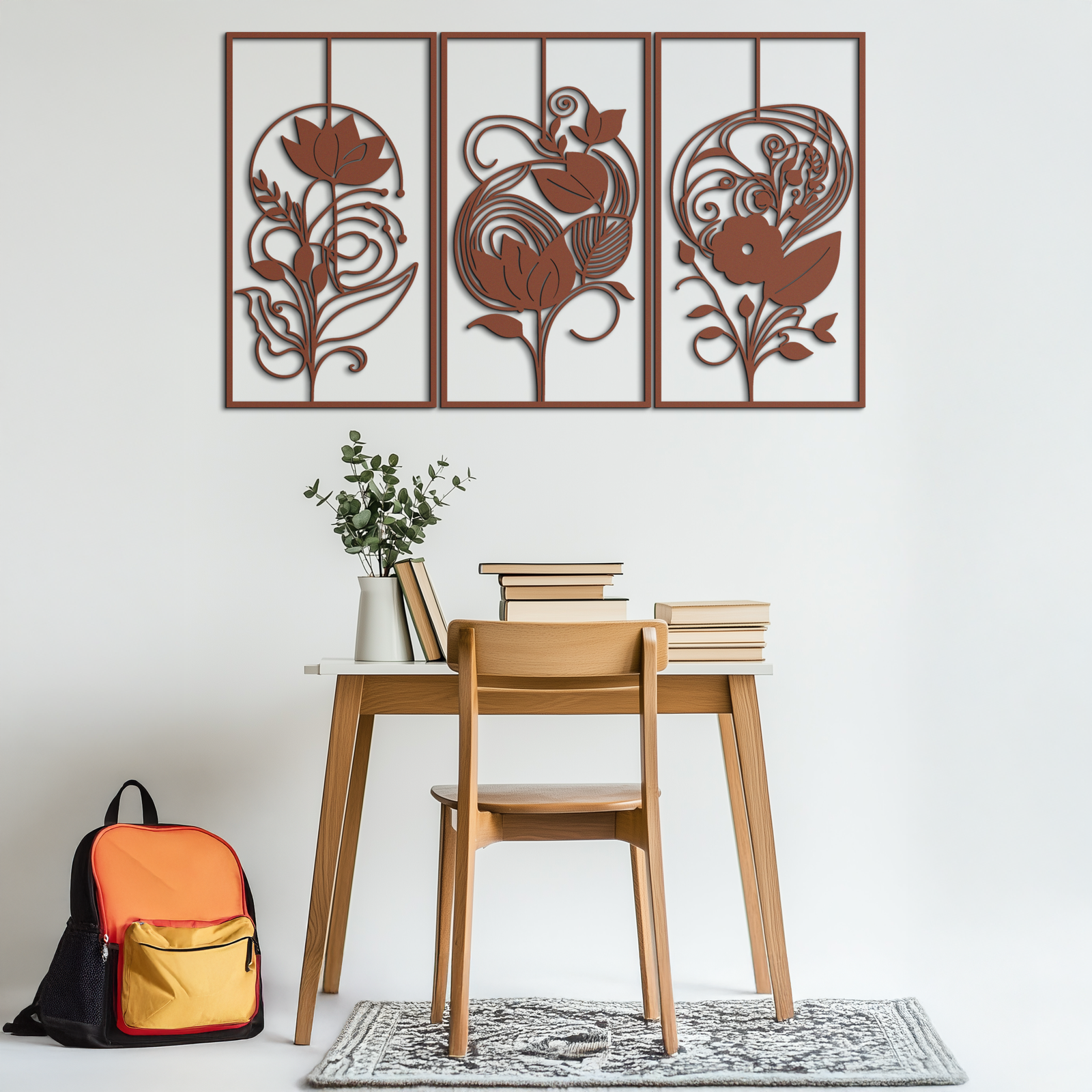 Floral Panel Trio Metal Wall Art - Elegant Black Botanical Wall Decor Set- KAF317