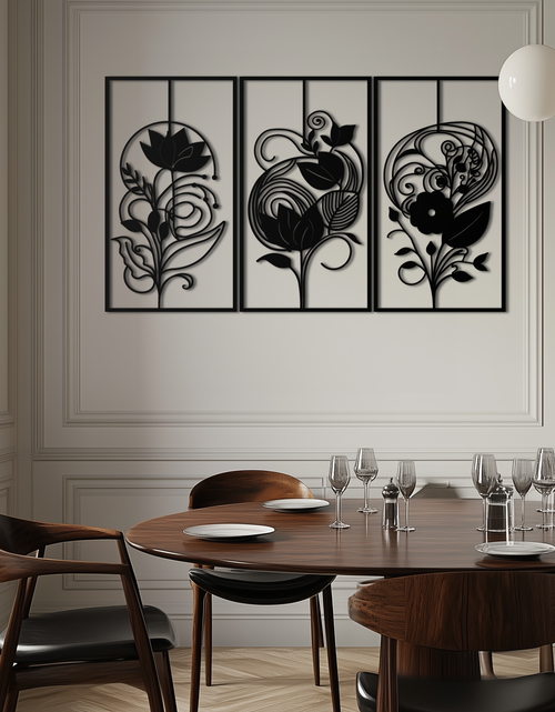 Load image into Gallery viewer, Floral Panel Trio Metal Wall Art - Elegant Black Botanical Wall Decor Set- KAF317