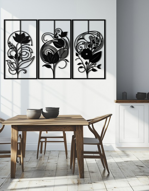 Load image into Gallery viewer, Floral Panel Trio Metal Wall Art - Elegant Black Botanical Wall Decor Set- KAF317