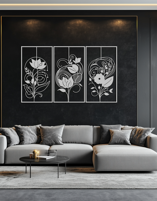 Load image into Gallery viewer, Floral Panel Trio Metal Wall Art - Elegant Black Botanical Wall Decor Set- KAF317