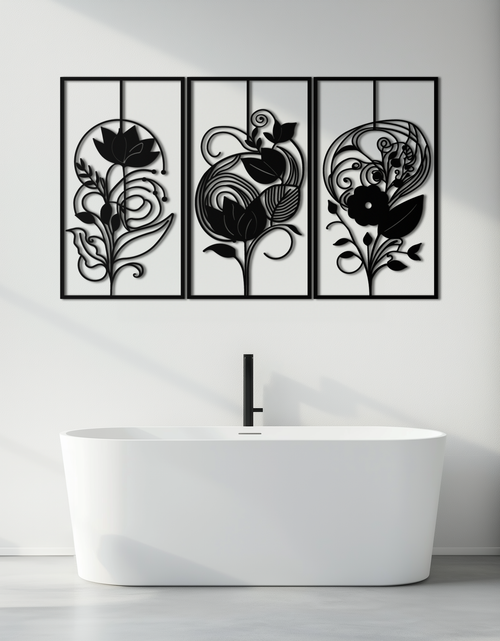 Load image into Gallery viewer, Floral Panel Trio Metal Wall Art - Elegant Black Botanical Wall Decor Set- KAF317