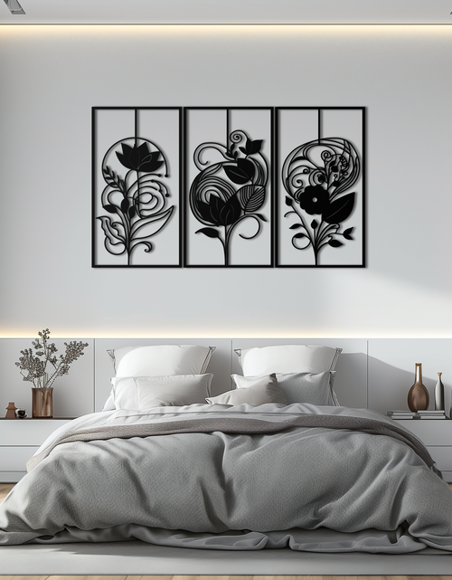 Load image into Gallery viewer, Floral Panel Trio Metal Wall Art - Elegant Black Botanical Wall Decor Set- KAF317