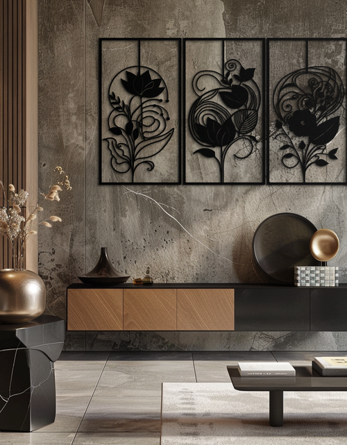 Load image into Gallery viewer, Floral Panel Trio Metal Wall Art - Elegant Black Botanical Wall Decor Set- KAF317