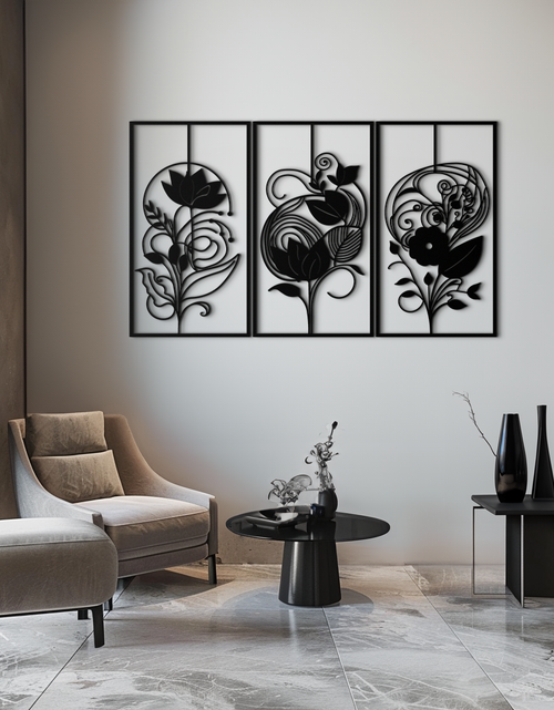 Load image into Gallery viewer, Floral Panel Trio Metal Wall Art - Elegant Black Botanical Wall Decor Set- KAF317