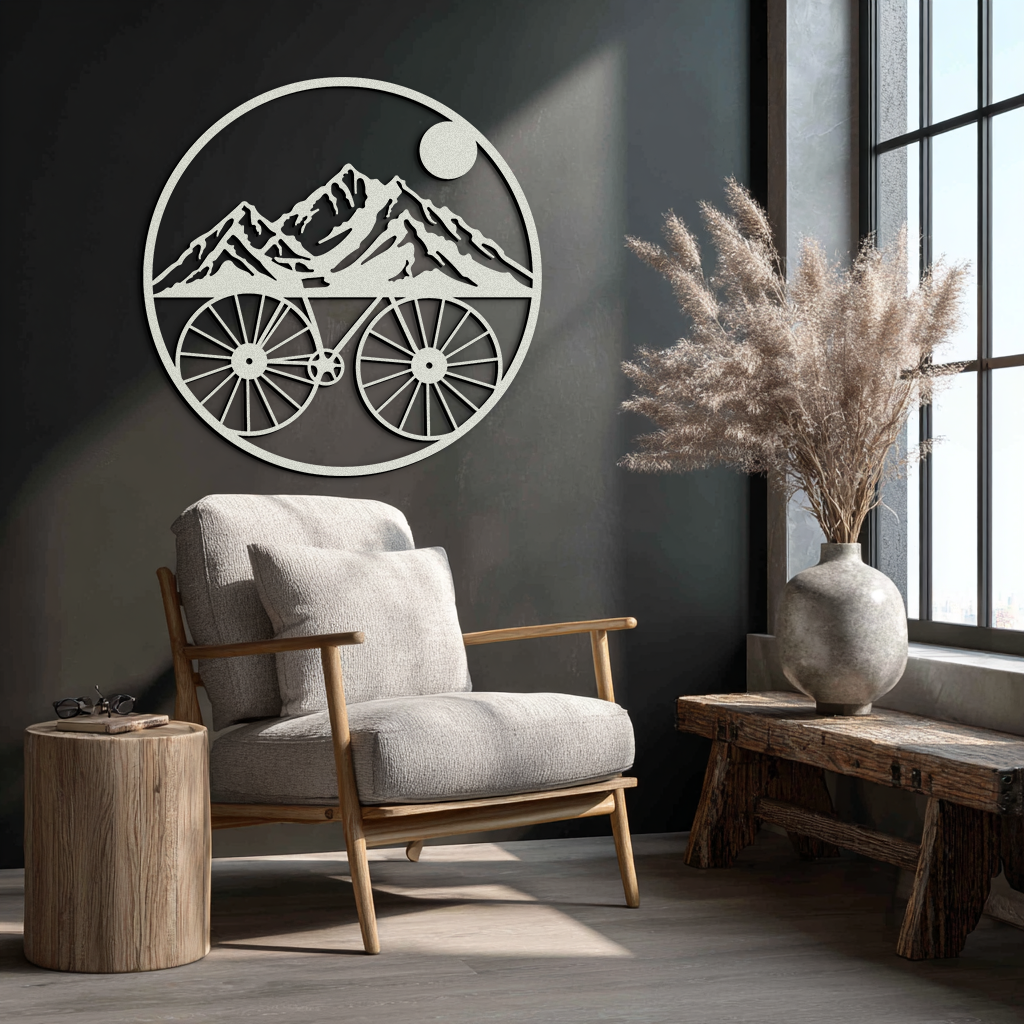 Mountain Bike Silhouette Metal Wall Art - Scenic Bicycle and Nature Scene Decor- KAF320