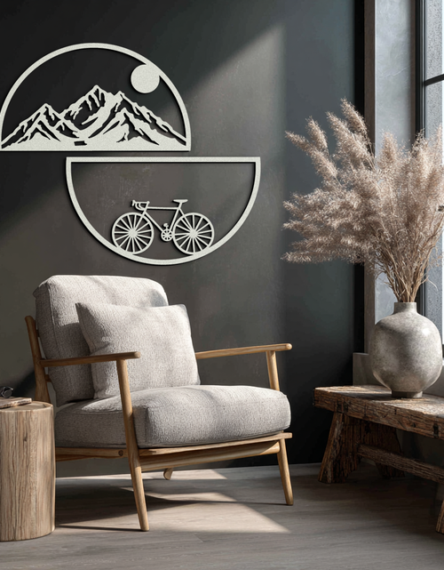 Load image into Gallery viewer, Mountain View Metal Wall Art - Half Circle Bicycle and Landscape Silhouette Decor- KAF321