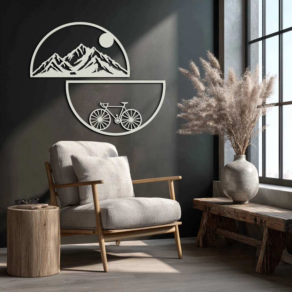 Mountain View Metal Wall Art - Half Circle Bicycle and Landscape Silhouette Decor- KAF321