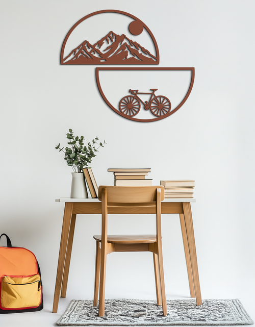 Load image into Gallery viewer, Mountain View Metal Wall Art - Half Circle Bicycle and Landscape Silhouette Decor- KAF321