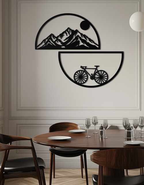 Load image into Gallery viewer, Mountain View Metal Wall Art - Half Circle Bicycle and Landscape Silhouette Decor- KAF321